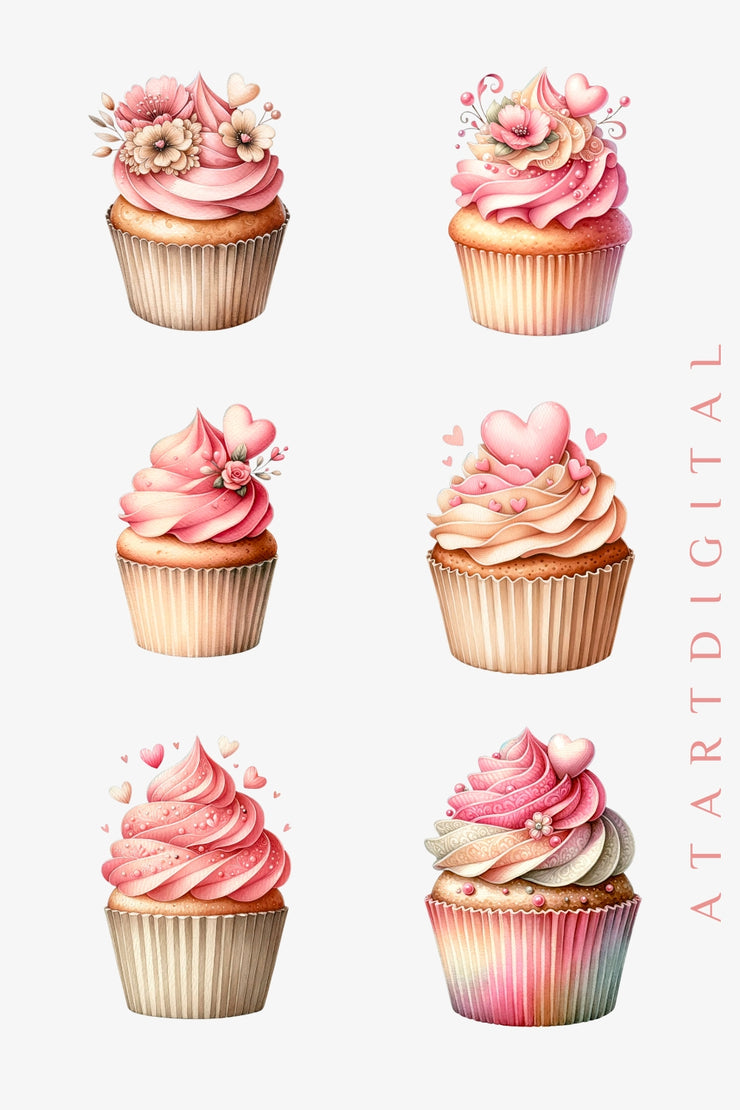 Watercolor Valentine's Day Cupcakes Clipart, Dessert Love Clipart