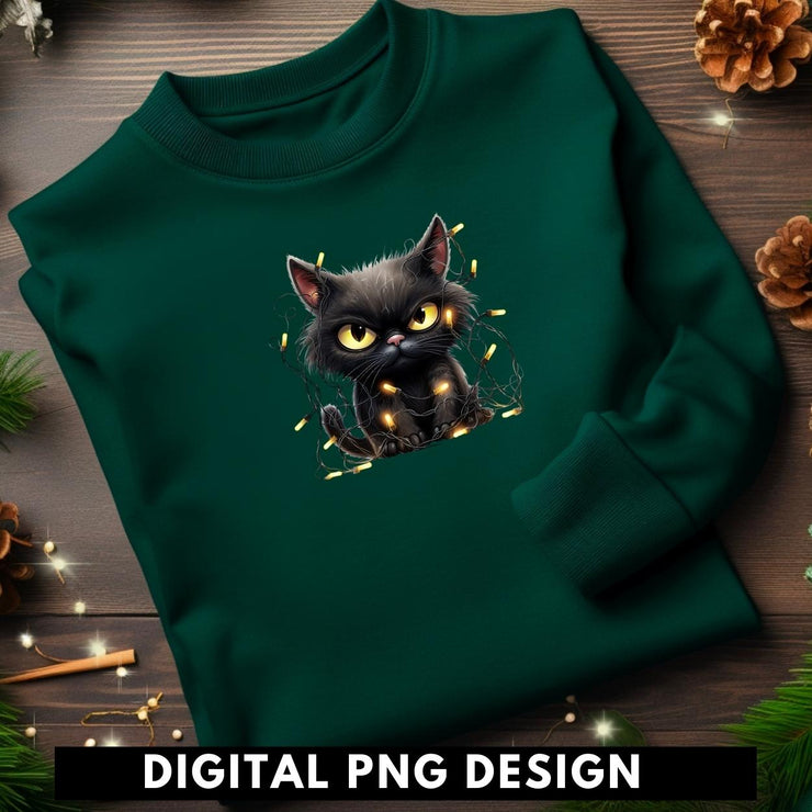 Grumpy Cat with Christmas Lights, Black Cat Sublimation Design