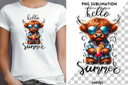 Hello Summer, Highland Cow Art, Tshirt Design Sublimation PNG