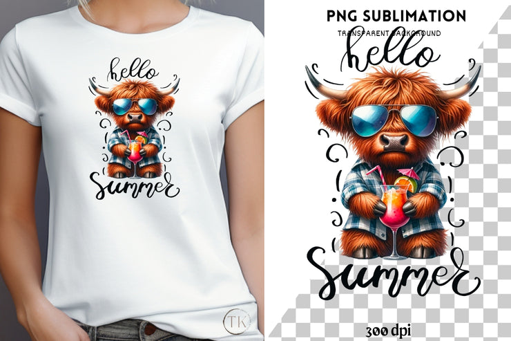 Hello Summer, Highland Cow Art, Tshirt Design Sublimation PNG