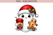 Christmas Vibes Ghost PNG | Girly Christmas Ghost with Coffee Cup & Gingerbread Man for Hoodie Sublimation Designs