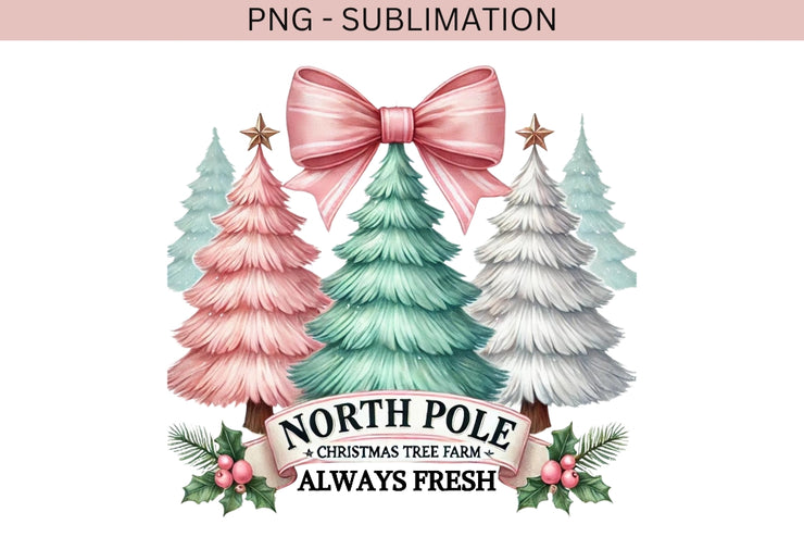 North Pole  PNG, Coquette Pink Bow PNG, Trendy Christmas Shirt Design, Watercolor Bow, Retro Christmas Tree & Sublimation, Girly Christmas