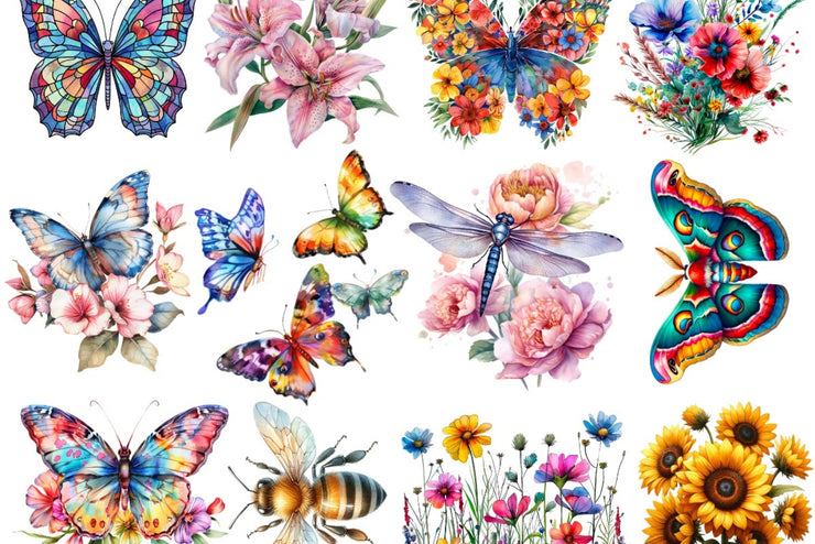 Floral Butterfly and Daisies Dragonfly Bundle Clipart