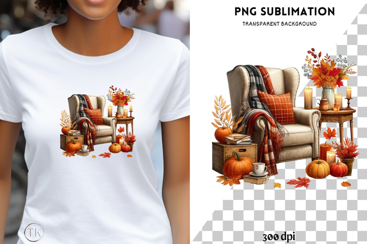 Autumn Book Nook Digital Print, Sublimation Prints, Crafting File, Cozy Fall PNG Design, Digital Downloads for Autumn Sticker, Transparent