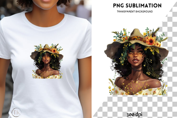 Melanin Autumn Witch PNG Design, Digital Prints for Crafting, Card Making, Sublimation African American Art, Black Woman Graphic Transparent