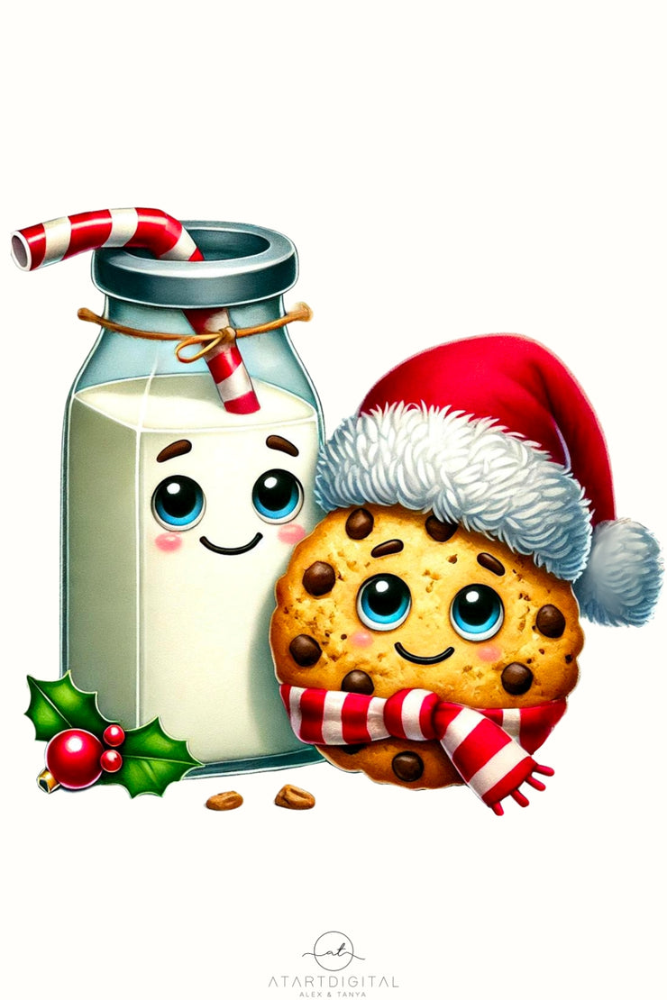 Kawaii Milk and Cookie PNG, Retro Watercolor Christmas Cookie Sublimation, Trendy Christmas Design for Kids, Instant Download Print