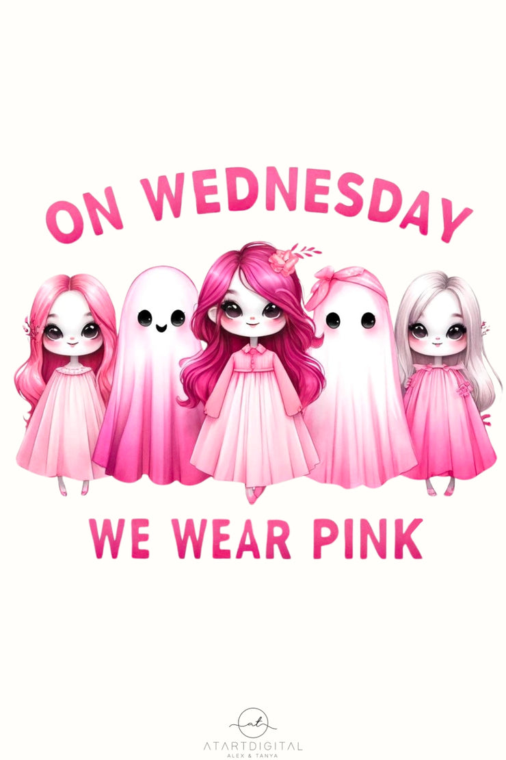 On Wednesday We Wear Pink, Cancer Awareness PNG Digital Download, Pink Ghost Halloween Print, October Ghost, Pink Halloween Sublimation