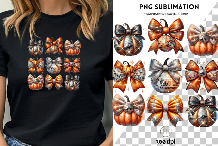 Disco Ball Pumpkin PNG, Glitter Fall Aesthetic Print, Pumpkin Bow PNG, Sparkly Autumn Sublimation Designs, Vintage Coquette Bow PNG