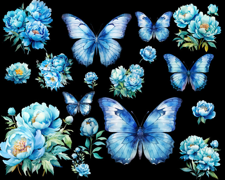 Watercolor Blue Peony and Butterfly PNG Clipart