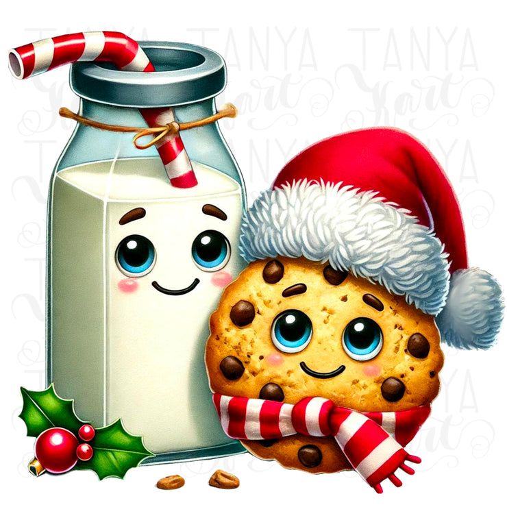 Kawaii Milk and Cookie PNG, Retro Watercolor Christmas Cookie Sublimation, Trendy Christmas Design for Kids, Instant Download Print