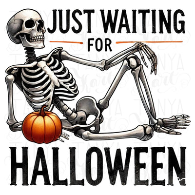 Just Waiting for Halloween PNG, Funny Skeleton Sublimation Design, Spooky Horror Characters for Trendy Halloween T-Shirts