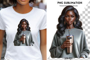 Melanin Woman with Tumbler, Black Girl Png Sublimation Design