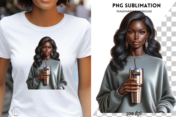 Melanin Woman with Tumbler, Black Girl Png Sublimation Design