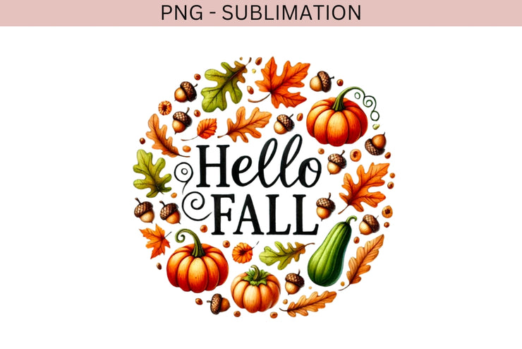 Hello Fall PNG, Autumn Vibes Leaf Illustration for Digital Prints and Crafting, Fall Leaves Transparent Design for Card Making & T-Shirt Sublimation