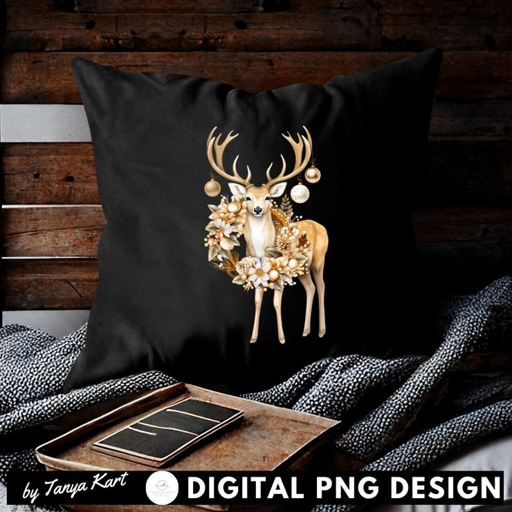 Christmas Deer Art Print, Winter Wreath Sublimation Download