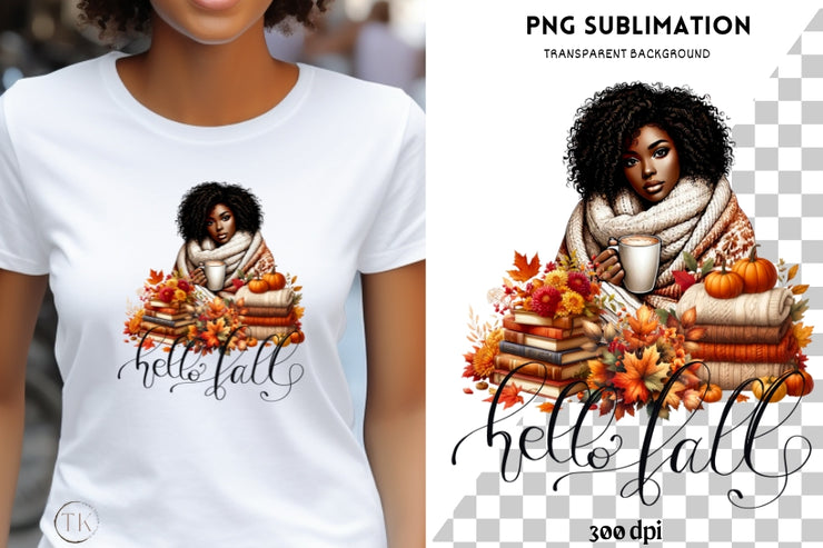 Hello Fall PNG, Autumn Black Girl, Digital Print for Card Making and Tshirt Design,Fall Vibes Transparent Design, Pumpkin Season Sublimation