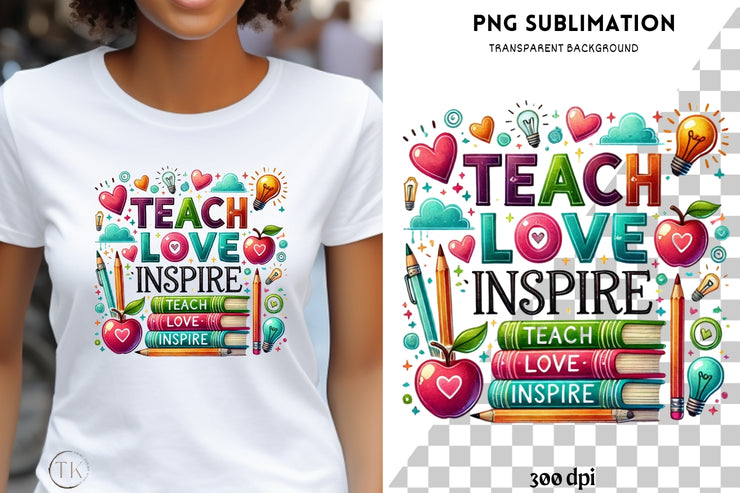 Retro Teacher PNG Digital Print, Sublimation PNG, Transparent Designs for Tshirt, Teach Love Inspire, Teacher Gift, Digital Downloads