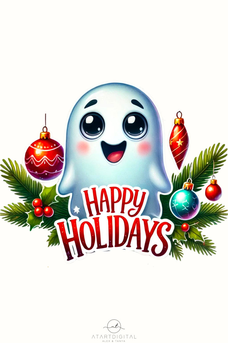 Happy Holidays Ghost PNG, Transparent Winter Sublimation, Cute Christmas Ghost, Holiday Design, Retro Christmas Ghost Digital Download