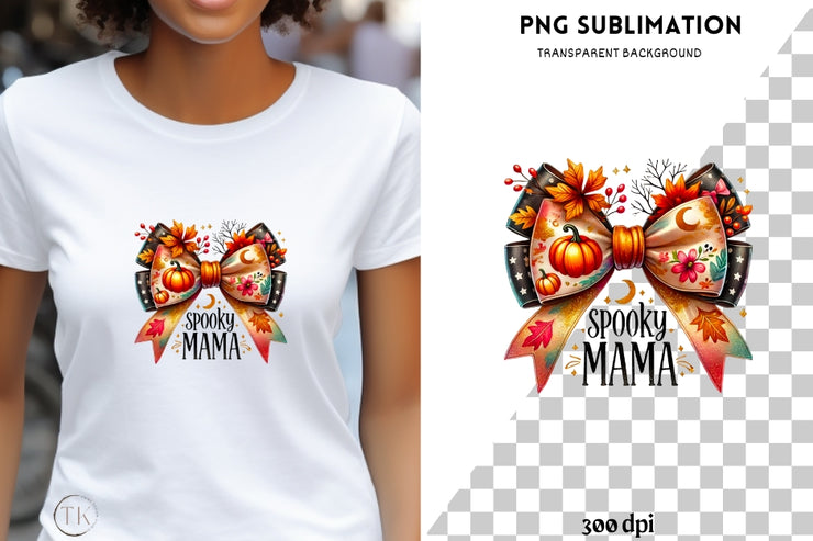 Spooky Mama PNG Digital Print, Sublimation Designs for T-shirts & Cards, Autumn Bow, Mama Sublimation, Thanksgiving, Coquette, Transparent