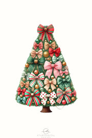 Coquette Christmas Tree PNG, Watercolor Bows and Girly Christmas Sublimation Design for Holiday Shirts, Merry Christmas, Aesthetic Christmas