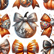 Disco Ball Pumpkin PNG, Glitter Fall Aesthetic Print, Pumpkin Bow PNG, Sparkly Autumn Sublimation Designs, Vintage Coquette Bow PNG