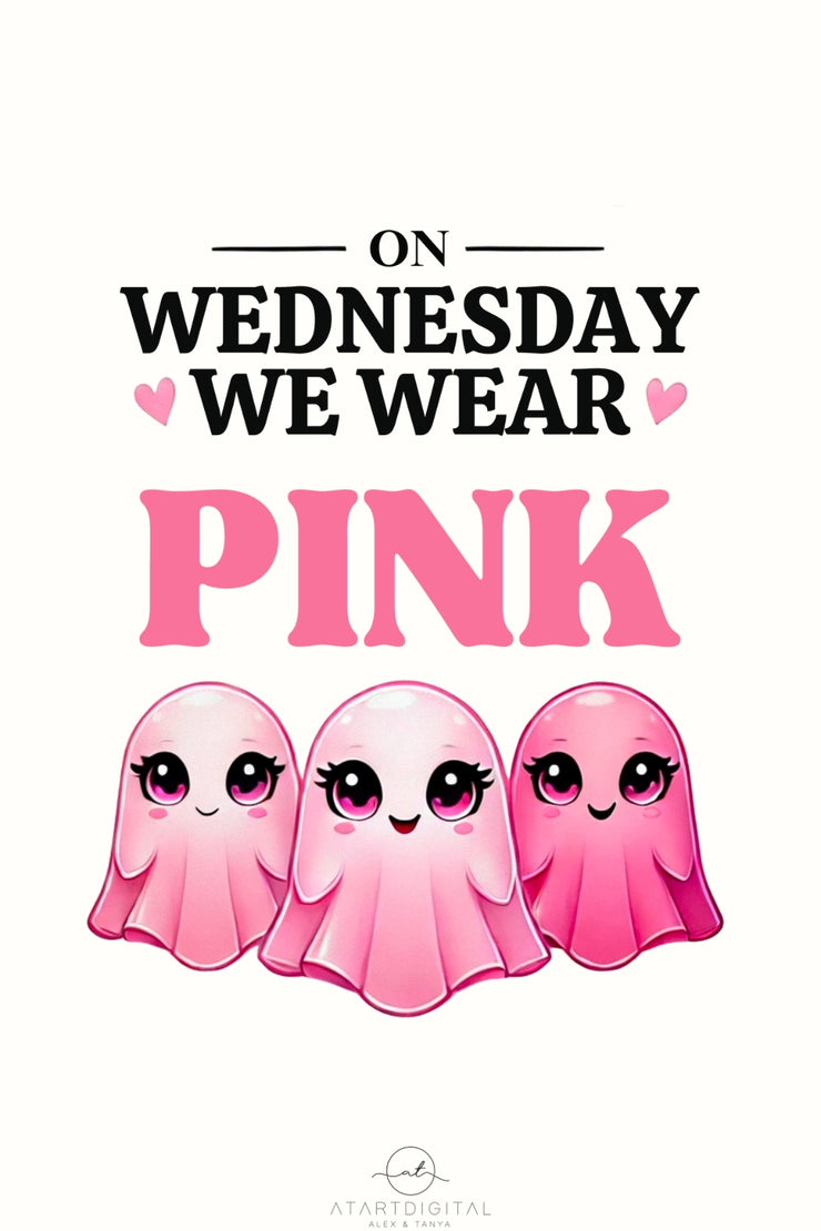 On Wednesday We Wear Pink, October Cancer Awareness PNG, Cute Pink Ghost Digital Print, Pink Halloween Ghost, Sublimation Design for Tshirts