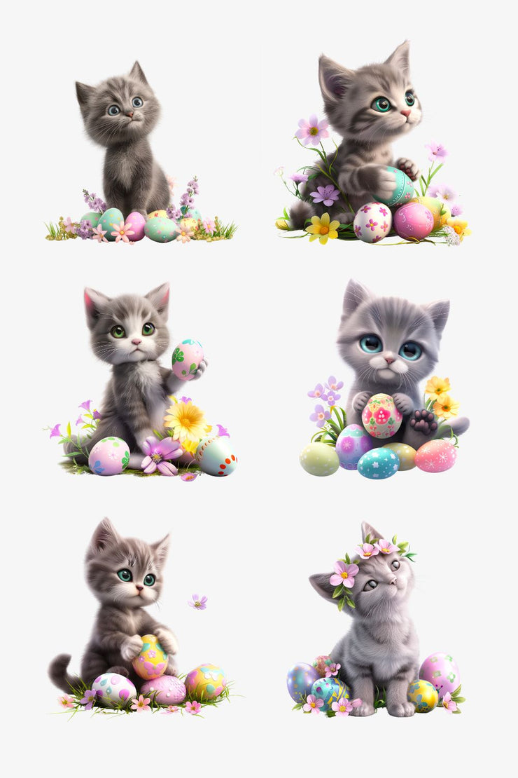 Easter Cat Clip Art PNG with Watercolor Flowers & Easter Eggs