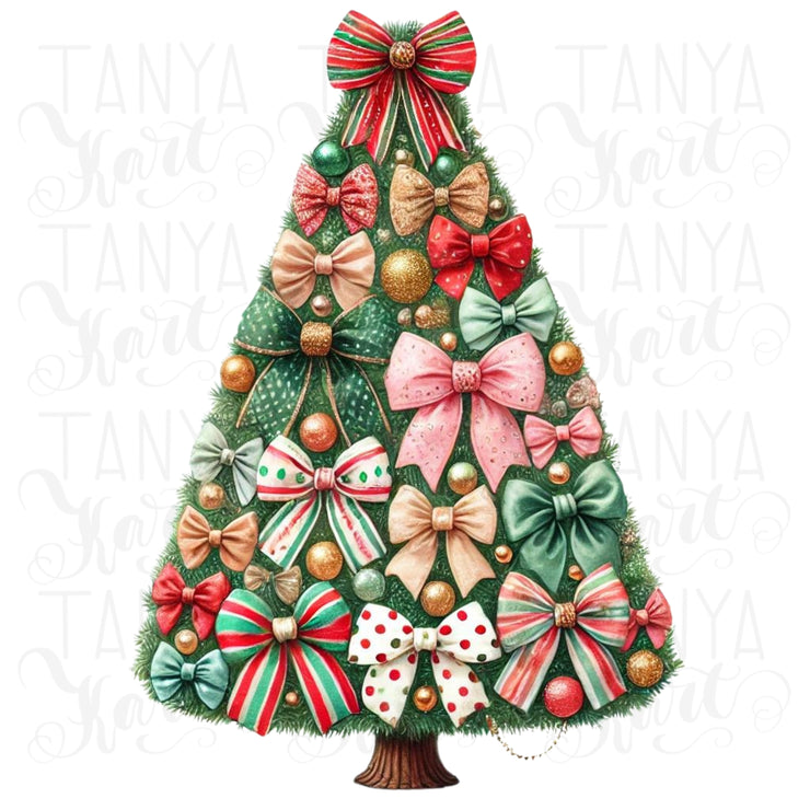 Coquette Christmas Tree PNG, Watercolor Bows and Girly Christmas Sublimation Design for Holiday Shirts, Merry Christmas, Aesthetic Christmas