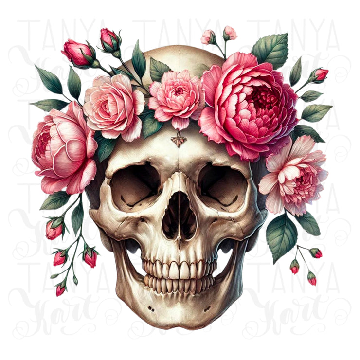 Watercolor Skull & Pink Flowers Sublimation File, Gothic Skull PNG, Instant Download, Floral Skull Transparent Design for Crafting