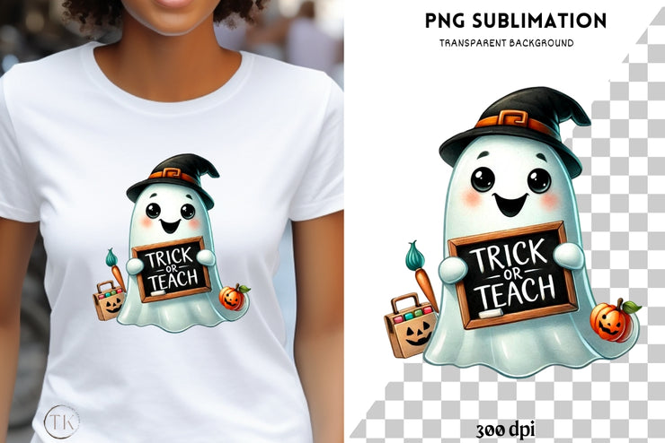 Trick or Teach Retro PNG, Halloween Design, Digital Sublimation Autumn, Funny Back to School Shirt Design, Halloween Shirt PNG