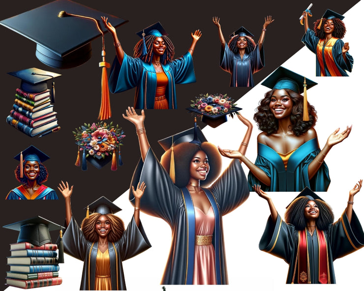 Black Girl Graduation Clipart Set - Afro Woman PNG