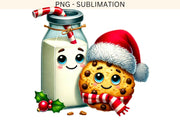 Kawaii Milk and Cookie PNG, Retro Watercolor Christmas Cookie Sublimation, Trendy Christmas Design for Kids, Instant Download Print