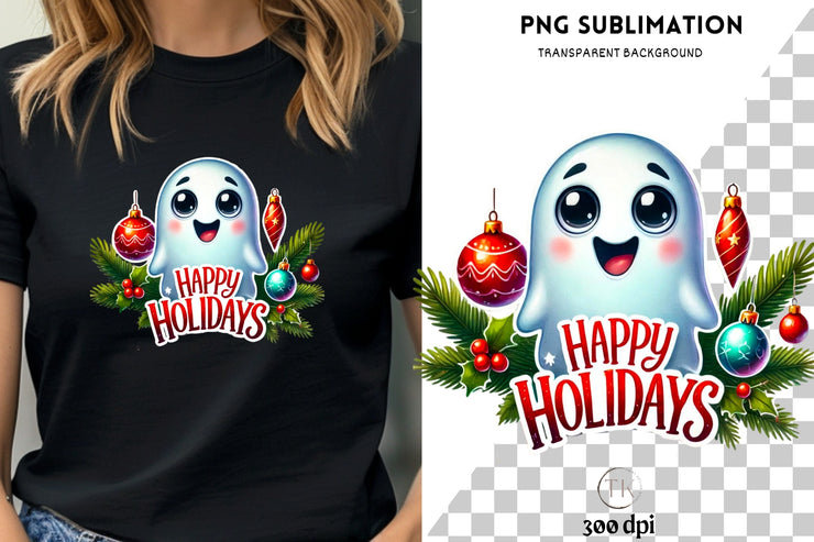 Happy Holidays Ghost PNG, Transparent Winter Sublimation, Cute Christmas Ghost, Holiday Design, Retro Christmas Ghost Digital Download