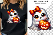 Ghost with Pumpkin Coquette PNG | Halloween Bow & Ghost Sublimation | Retro Coquette Halloween Design | Coquette Ghost, Pumpkin PNG