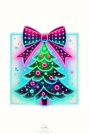 Christmas Coquette PNG | Neon Light Christmas Tree with Bow, Pink Brushstroke, & Merry Christmas Vibes, Girly Christmas Tree, Neon Christmas