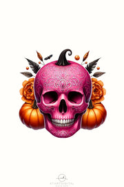 Pink Skull Pumpkin Halloween PNG, Spooky Season Graphic, Gothic Halloween Pink Skull, DIY Projects, Sublimation Graphic, Horror Seasonal