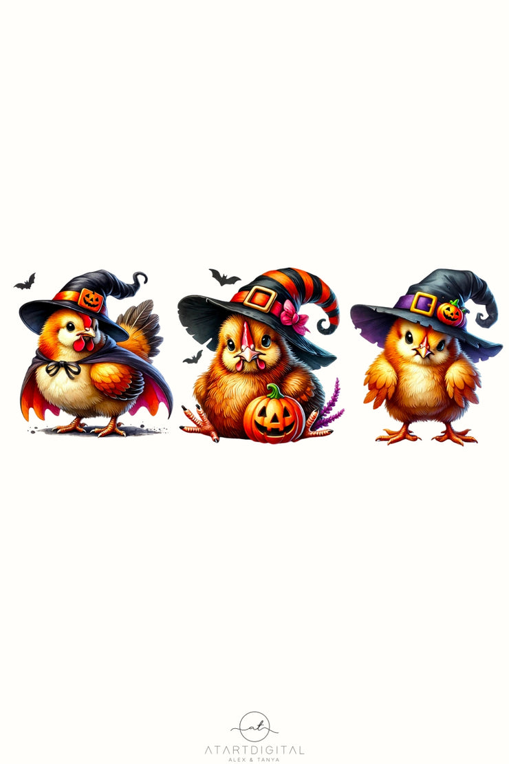 Halloween Chickens PNG for Shirt, Cute & Funny Chicken Sublimation Graphics, Farm Coquette Witch Design, Witchy Chickens, Digital Download