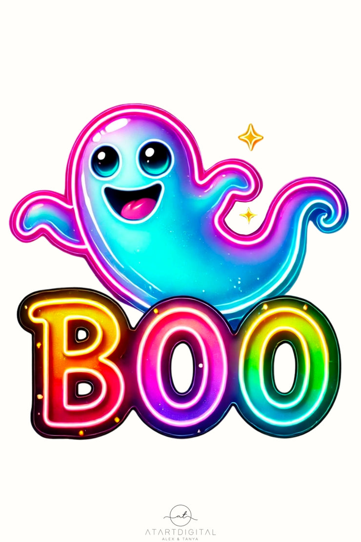 Neon Boo Ghost PNG Digital Download, Halloween Sublimation Design, Ghost Sublimation PNG, Halloween Tshirt Design, Transparent Design