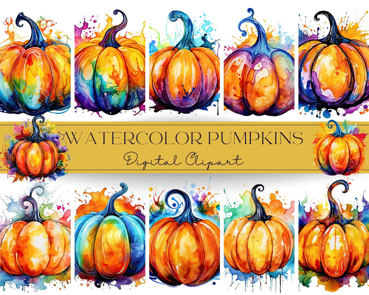 Colorful Watercolor Pumpkins Clip Art