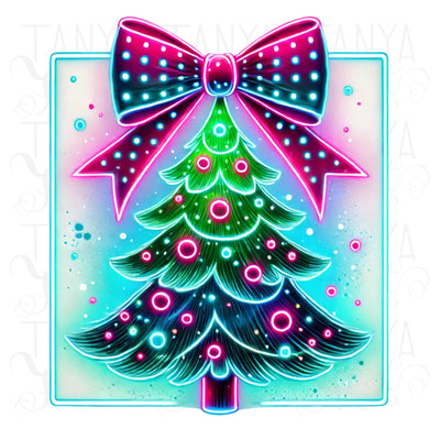 Christmas Coquette PNG | Neon Light Christmas Tree with Bow, Pink Brushstroke, & Merry Christmas Vibes, Girly Christmas Tree, Neon Christmas