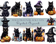 Halloween Black Cats Digital Download Clipart: Witch Cats Designs for Sublimation, for Shirts, Transfers, Junk Journals, Mystical Png Cats