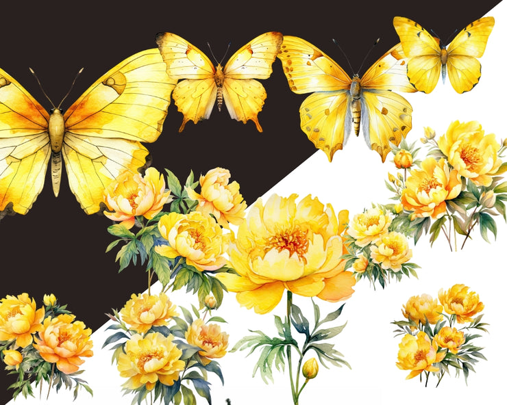 Yellow Peonies, Watercolor Flowers & Butterfly, Scrapbooking Paper