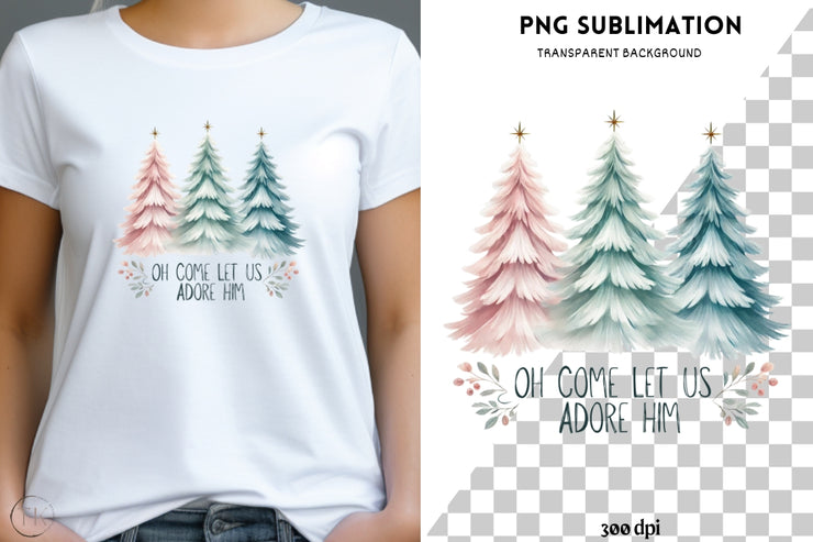 Oh Come Let Us Adore Him PNG | Christian Christmas Coquette with Bow, Bible Verse & Jesus Sublimation Design