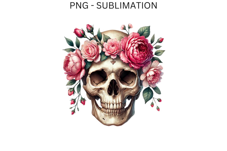 Watercolor Skull & Pink Flowers Sublimation File, Gothic Skull PNG, Instant Download, Floral Skull Transparent Design for Crafting