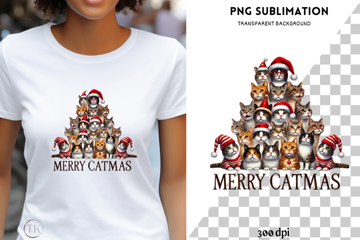 Merry Catmas Digital Print, Transparent Design for Sublimation and Card Crafting, Christmas Animal PNG Digital Download for Tshirt Printing