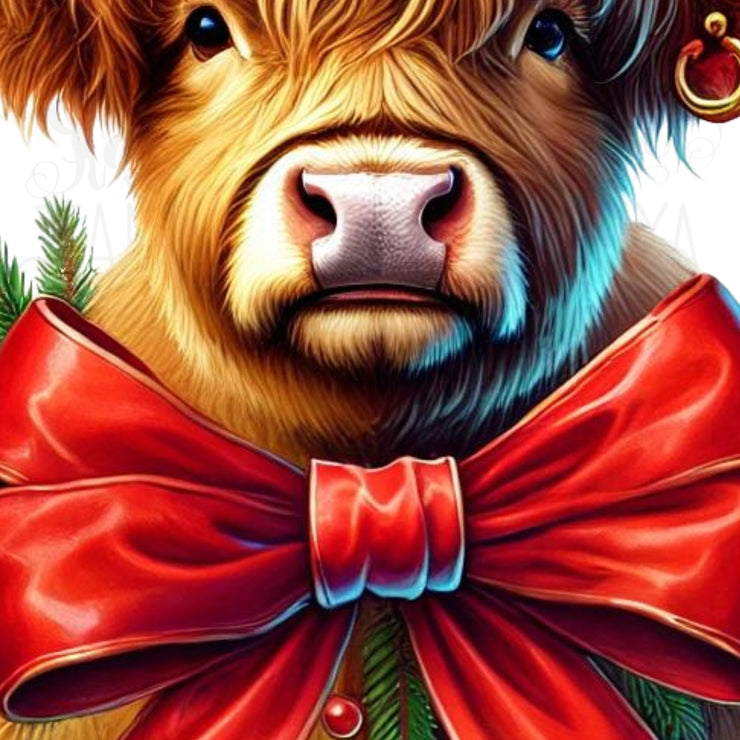 Coquette Christmas Highland Cow with Red Bow, Western Christmas Sublimation Design PNG, Aesthetic Merry Christmas Digital Download