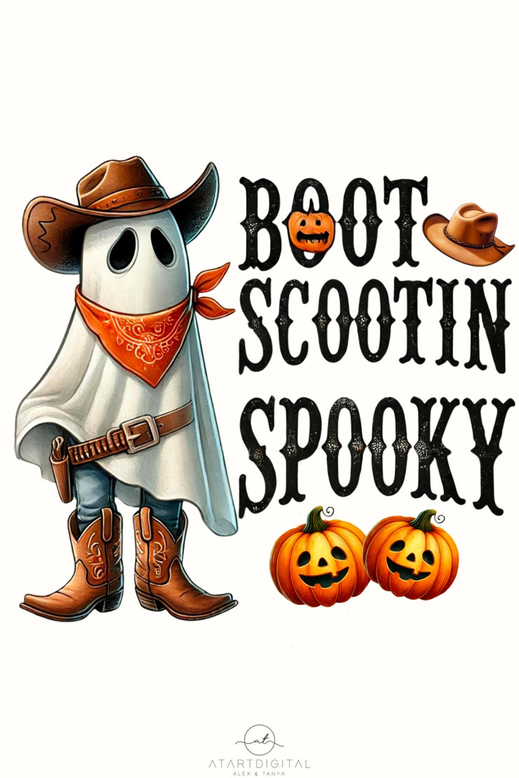 Boot Scootin' Spooky for Sweatshirt, Wild West Halloween Design, Country Western Ghost PNG, Ready-to-Press, Halloween Graphic, Cowboy Ghost