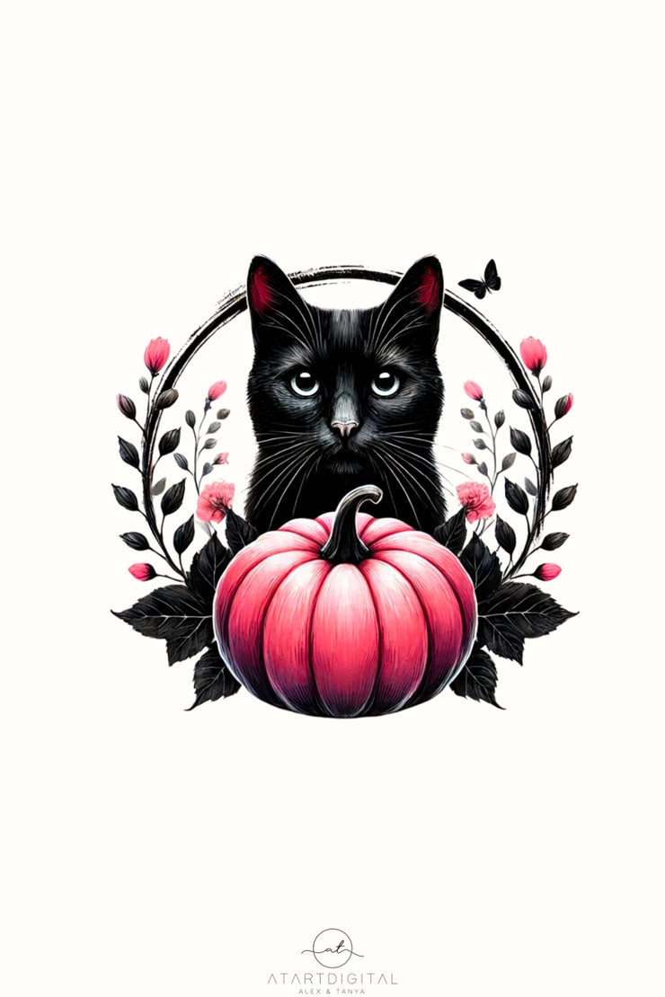 Black Cat with Pink Pumpkin PNG, Halloween Art, Gothic Cat, Pumpkin Halloween, Spooky Design, Horror Halloween Black Cat, Sublimation Ready