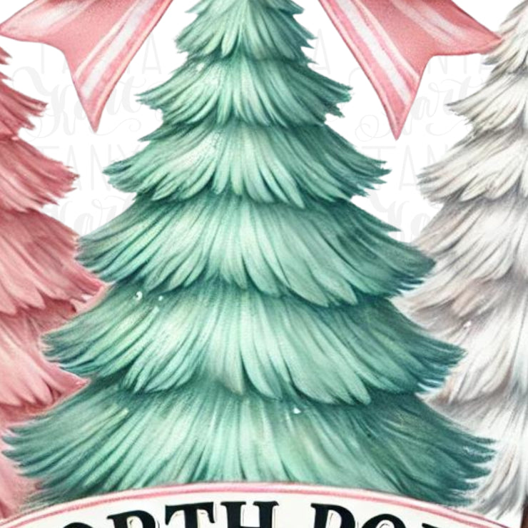 North Pole  PNG, Coquette Pink Bow PNG, Trendy Christmas Shirt Design, Watercolor Bow, Retro Christmas Tree & Sublimation, Girly Christmas