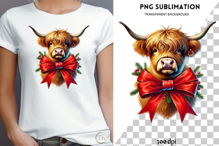 Coquette Christmas Highland Cow with Red Bow, Western Christmas Sublimation Design PNG, Aesthetic Merry Christmas Digital Download